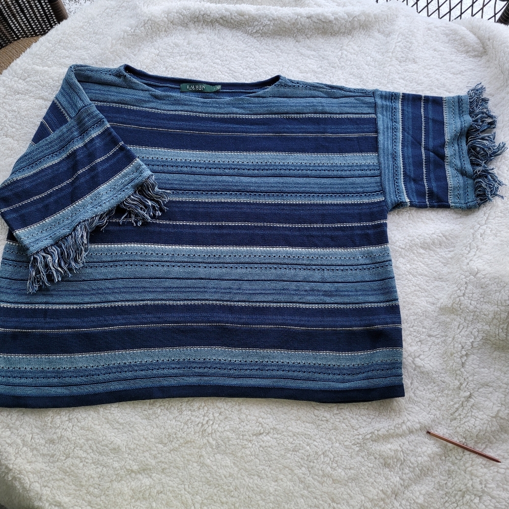 Fringed Lauren Cotton Sweater Sz Large - Picture 10 of 12
